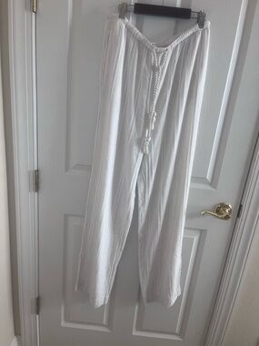 Cloth & Stone Ivory Textured Stripe Drawstring Wide Leg Beach Pants medium